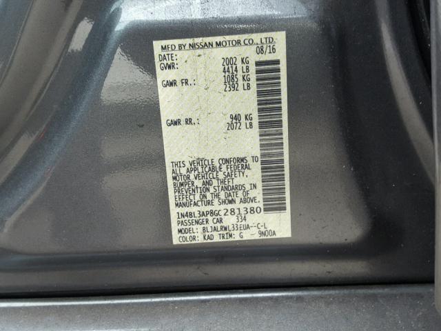 1N4BL3AP8GC281380 - 2016 NISSAN ALTIMA 3.5 GRAY photo 10