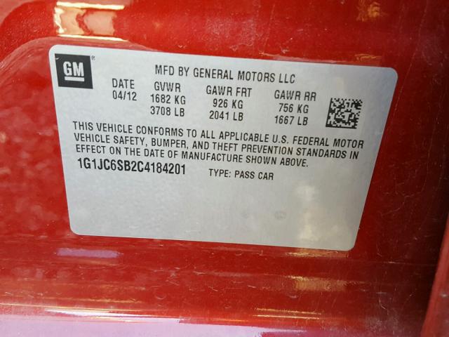 1G1JC6SB2C4184201 - 2012 CHEVROLET SONIC LT RED photo 10