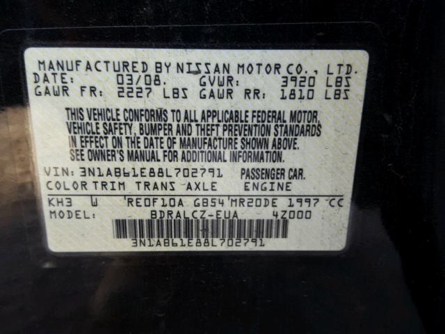 3N1AB61E88L702791 - 2008 NISSAN SENTRA 2.0 BLACK photo 10