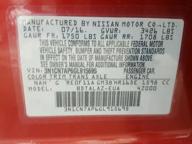 3N1CN7AP6GL915695 - 2016 NISSAN VERSA S RED photo 10