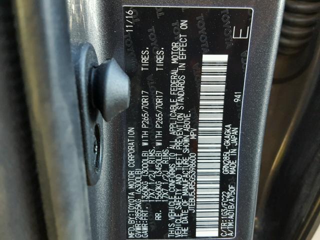 JTEBU5JR5G5398600 - 2016 TOYOTA 4RUNNER SR GRAY photo 10