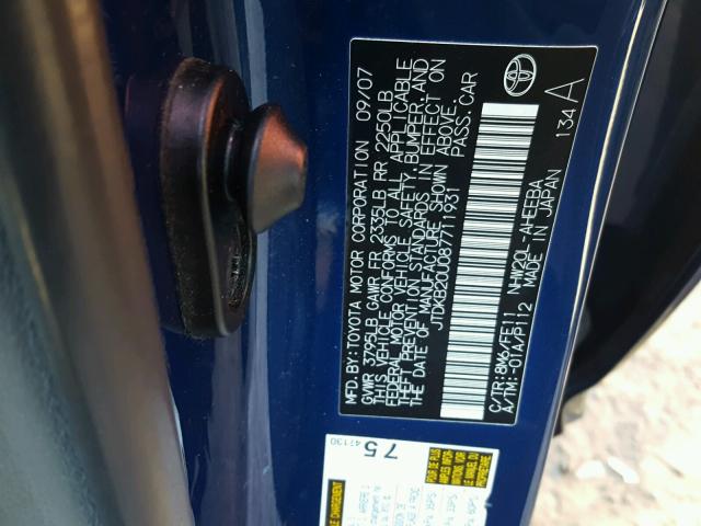 JTDKB20U087711931 - 2008 TOYOTA PRIUS BLUE photo 10