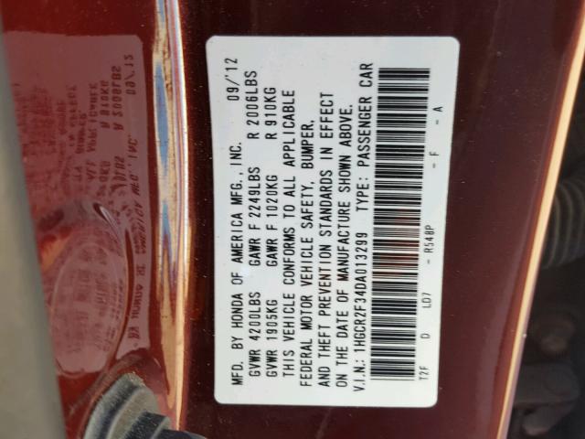 1HGCR2F34DA013299 - 2013 HONDA ACCORD LX MAROON photo 10