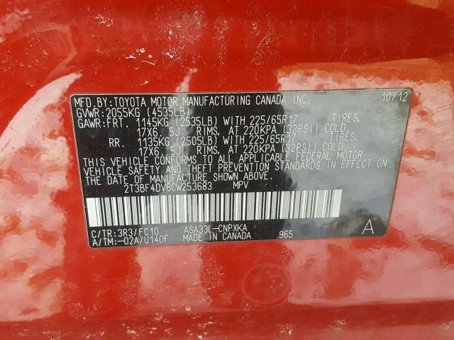 2T3BF4DV6CW253683 - 2012 TOYOTA RAV4 RED photo 10