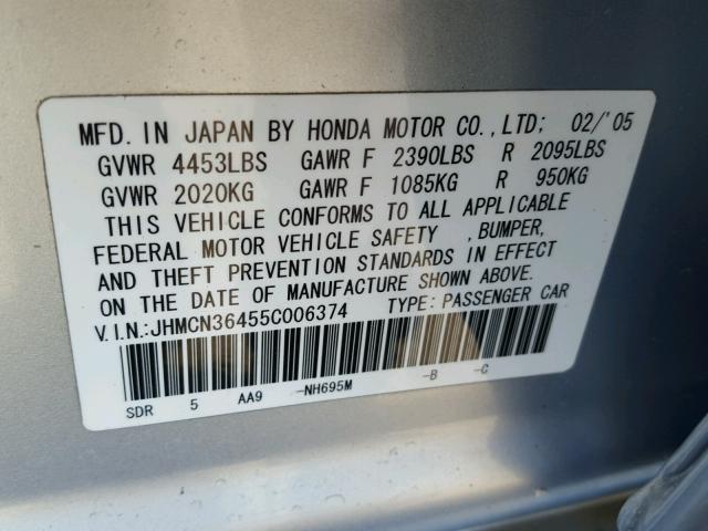 JHMCN36455C006374 - 2005 HONDA ACCORD HYB SILVER photo 10