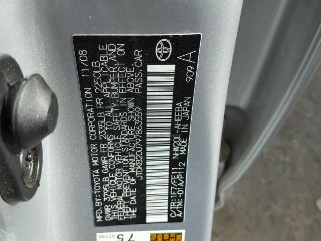 JTDKB20U797863559 - 2009 TOYOTA PRIUS SILVER photo 10