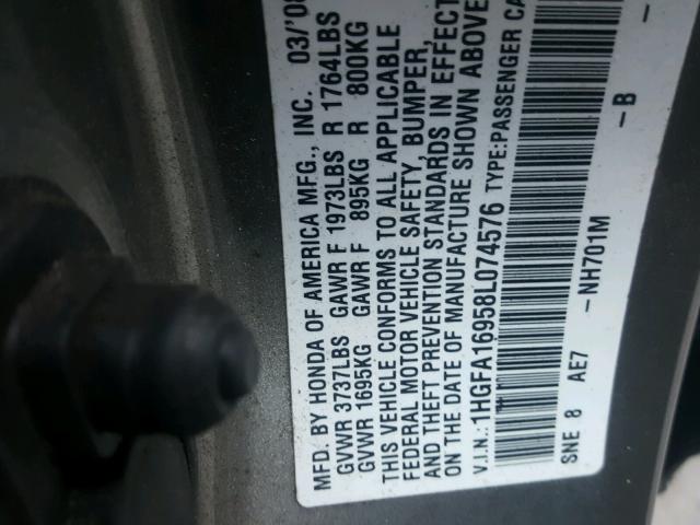 1HGFA16958L074576 - 2008 HONDA CIVIC EXL GRAY photo 10