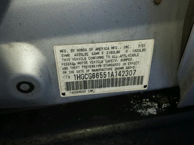 1HGCG66551A142307 - 2001 HONDA ACCORD LX SILVER photo 10