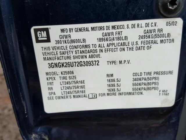 3GNGK26U72G309372 - 2002 CHEVROLET SUBURBAN K BLUE photo 10