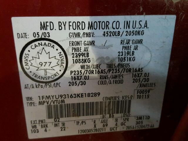 1FMYU93163KE18289 - 2003 FORD ESCAPE XLT RED photo 10