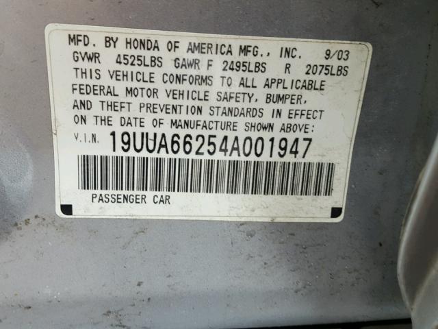 19UUA66254A001947 - 2004 ACURA TL SILVER photo 10