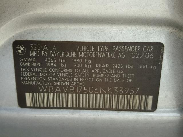 WBAVB17506NK33957 - 2006 BMW 325 I AUTO SILVER photo 10