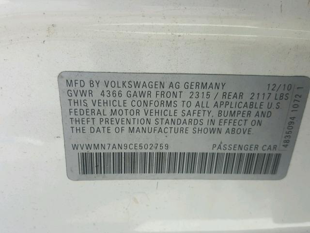 WVWMN7AN9CE502759 - 2012 VOLKSWAGEN CC SPORT WHITE photo 10