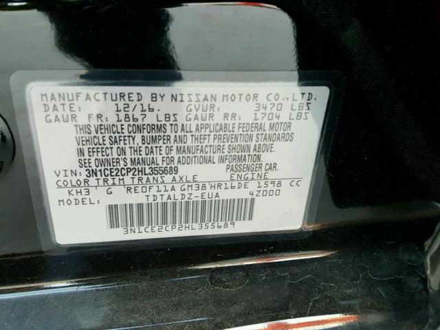 3N1CE2CP2HL355689 - 2017 NISSAN VERSA NOTE BLACK photo 10