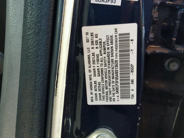 5KBCP3F85AB013628 - 2010 HONDA ACCORD EXL BLUE photo 10