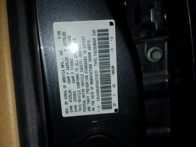 19UUA66255A071577 - 2005 ACURA TL GRAY photo 10