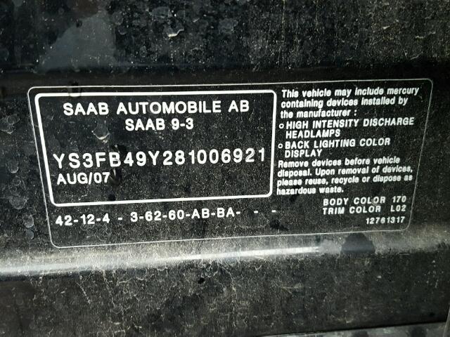 YS3FB49Y281006921 - 2008 SAAB 9-3 2.0T BLUE photo 10