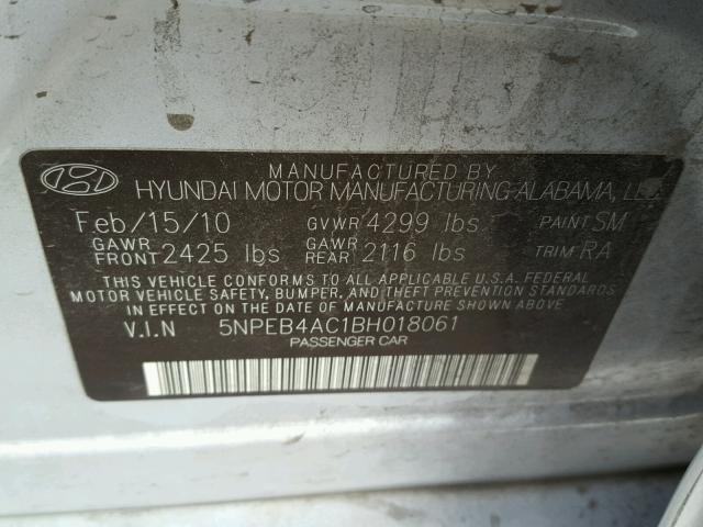 5NPEB4AC1BH018061 - 2011 HYUNDAI SONATA GLS SILVER photo 10