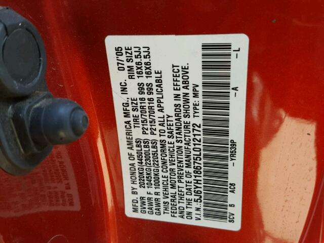 5J6YH18675L012172 - 2005 HONDA ELEMENT EX ORANGE photo 10