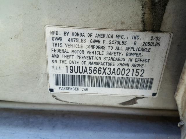 19UUA566X3A002152 - 2003 ACURA 3.2TL WHITE photo 10