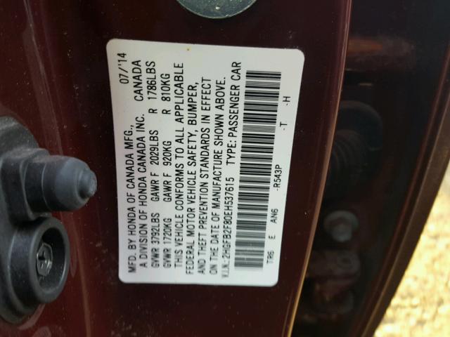 2HGFB2F80EH537615 - 2014 HONDA CIVIC EX MAROON photo 10