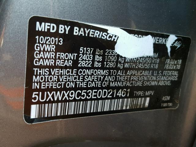 5UXWX9C53E0D21461 - 2014 BMW X3 XDRIVE2 CHARCOAL photo 10