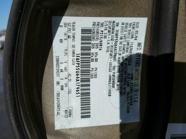 1FAFP55U64A179651 - 2004 FORD TAURUS SES GOLD photo 10