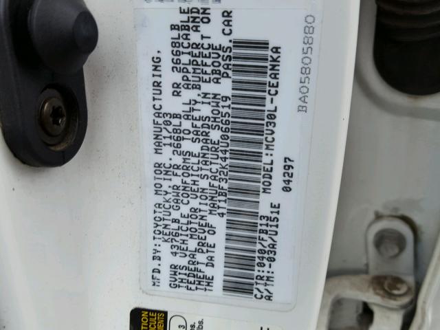 4T1BF32K44U066519 - 2004 TOYOTA CAMRY LE WHITE photo 10