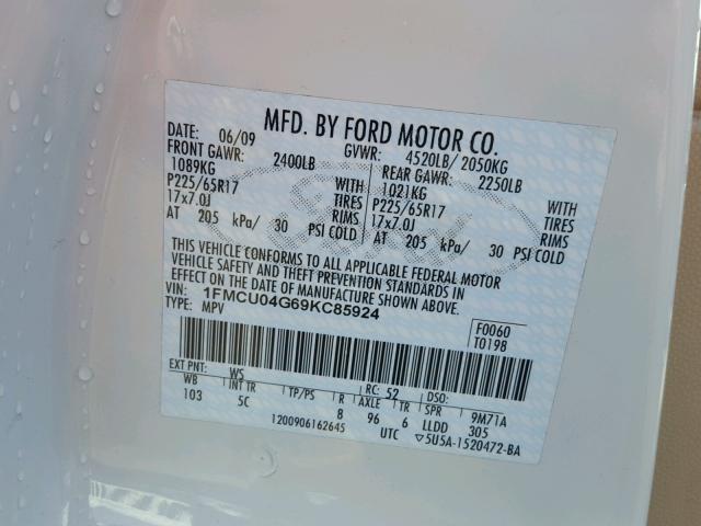 1FMCU04G69KC85924 - 2009 FORD ESCAPE LIM WHITE photo 10