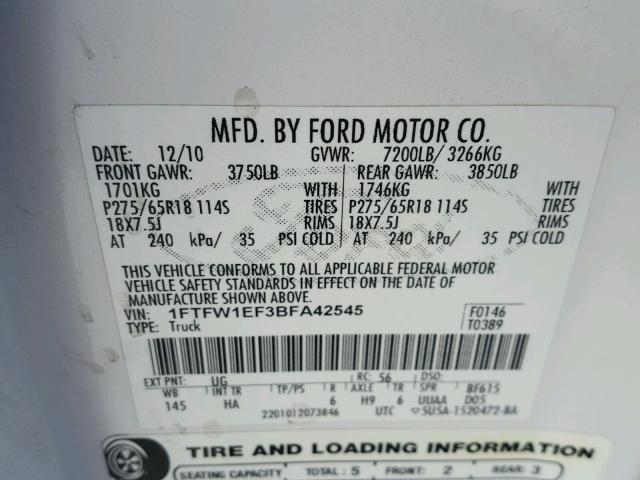 1FTFW1EF3BFA42545 - 2011 FORD F150 SUPER WHITE photo 10