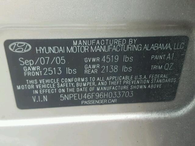 5NPEU46F96H033703 - 2006 HYUNDAI SONATA GLS GRAY photo 10