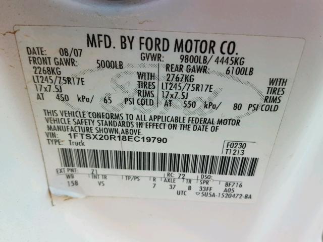 1FTSX20R18EC19790 - 2008 FORD F250 SUPER WHITE photo 10