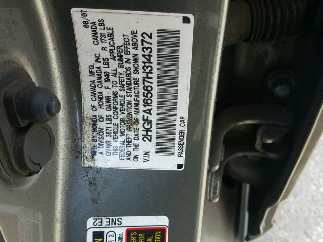 2HGFA16567H314372 - 2007 HONDA CIVIC LX GRAY photo 10