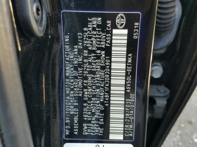 4T4BF1FK3DR304901 - 2013 TOYOTA CAMRY L BLACK photo 10