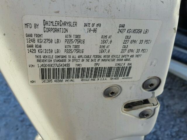 1J4GK48K27W543499 - 2007 JEEP LIBERTY SP WHITE photo 10