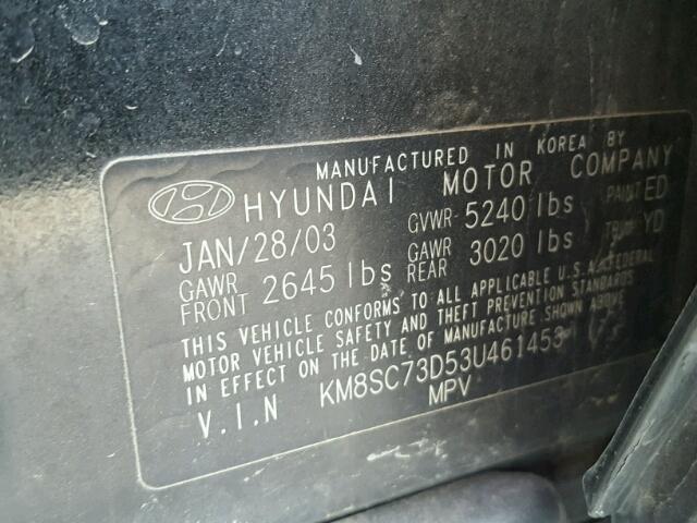 KM8SC73D53U461453 - 2003 HYUNDAI SANTA FE G BLACK photo 10