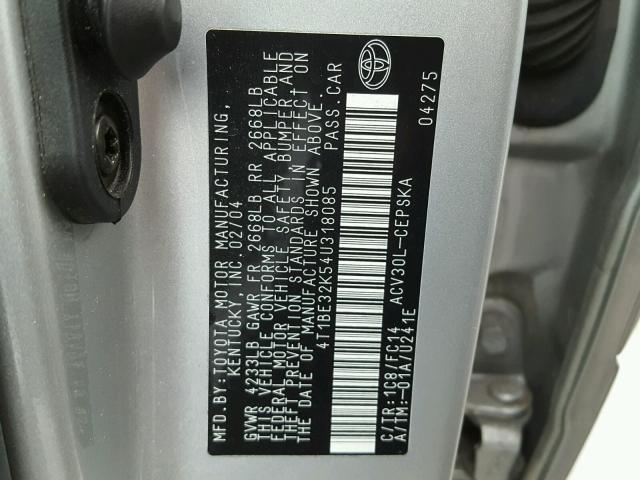4T1BE32K54U318085 - 2004 TOYOTA CAMRY LE SILVER photo 10