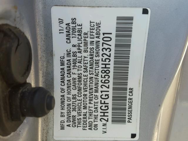 2HGFG12658H523701 - 2008 HONDA CIVIC LX SILVER photo 10