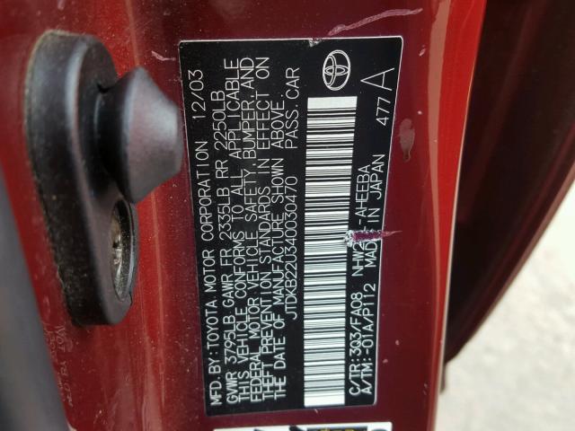 JTDKB22U340030470 - 2004 TOYOTA PRIUS BURGUNDY photo 10