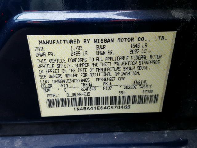 1N4BA41E64C870465 - 2004 NISSAN MAXIMA SE BLUE photo 10