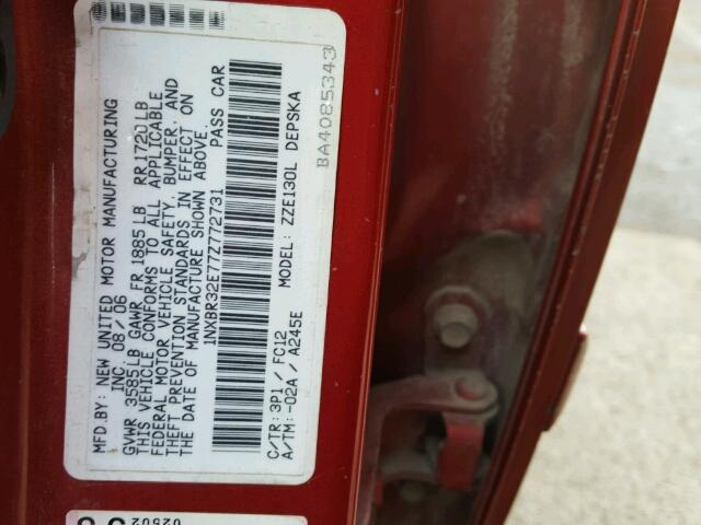 1NXBR32E77Z772731 - 2007 TOYOTA COROLLA S RED photo 10