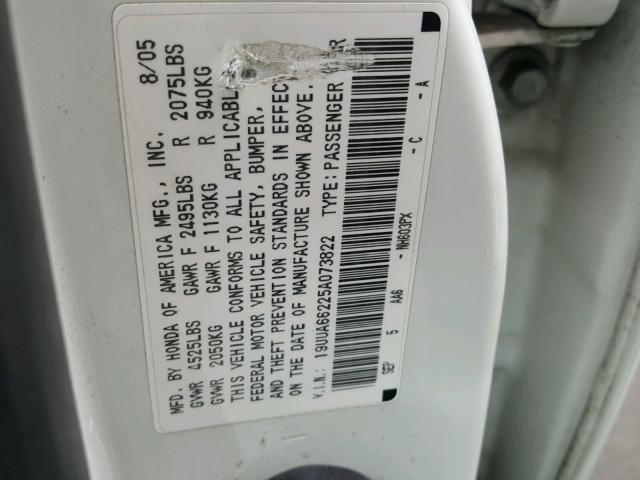 19UUA66225A073822 - 2005 ACURA TL WHITE photo 10