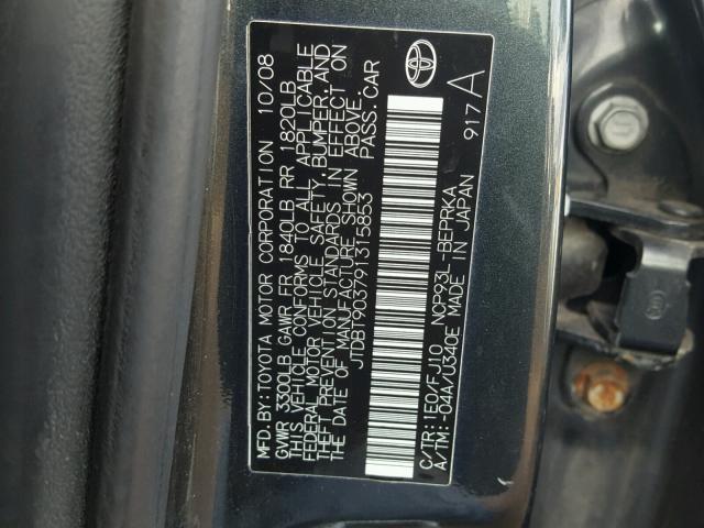 JTDBT903791315853 - 2009 TOYOTA YARIS BLUE photo 10