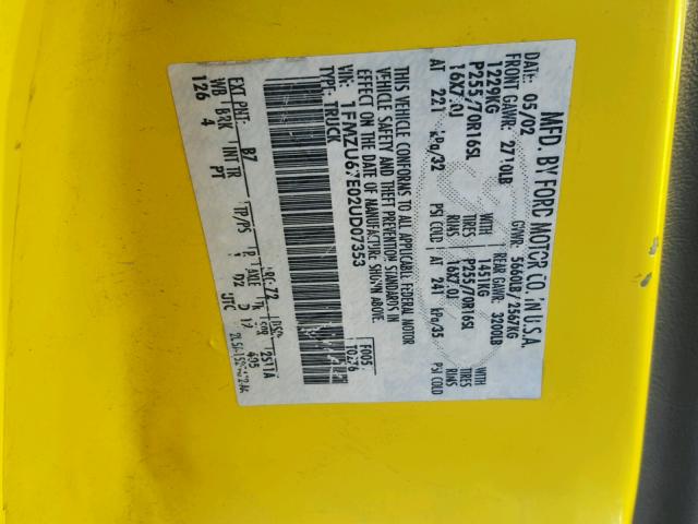 1FMZU67E02UD07353 - 2002 FORD EXPLORER S YELLOW photo 10