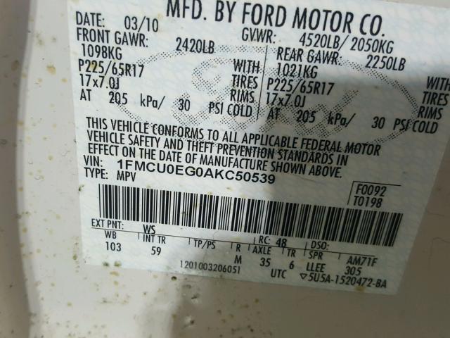 1FMCU0EG0AKC50539 - 2010 FORD ESCAPE LIM WHITE photo 10