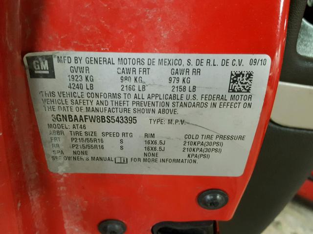 3GNBAAFW8BS543395 - 2011 CHEVROLET HHR LS RED photo 10