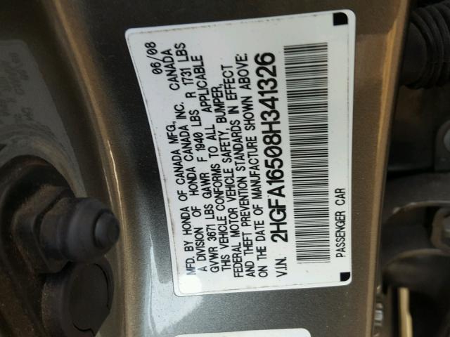 2HGFA16508H341326 - 2008 HONDA CIVIC LX GRAY photo 10