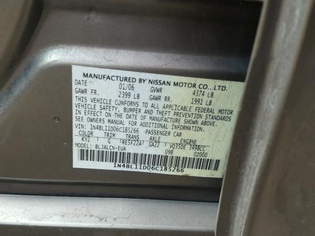 1N4BL11D06C185266 - 2006 NISSAN ALTIMA SE GRAY photo 10