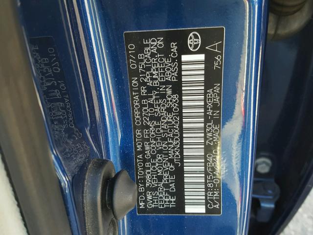 JTDKN3DUXA0210938 - 2010 TOYOTA PRIUS BLUE photo 10