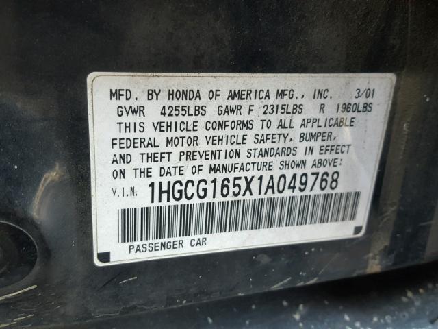 1HGCG165X1A049768 - 2001 HONDA ACCORD EX BLACK photo 10